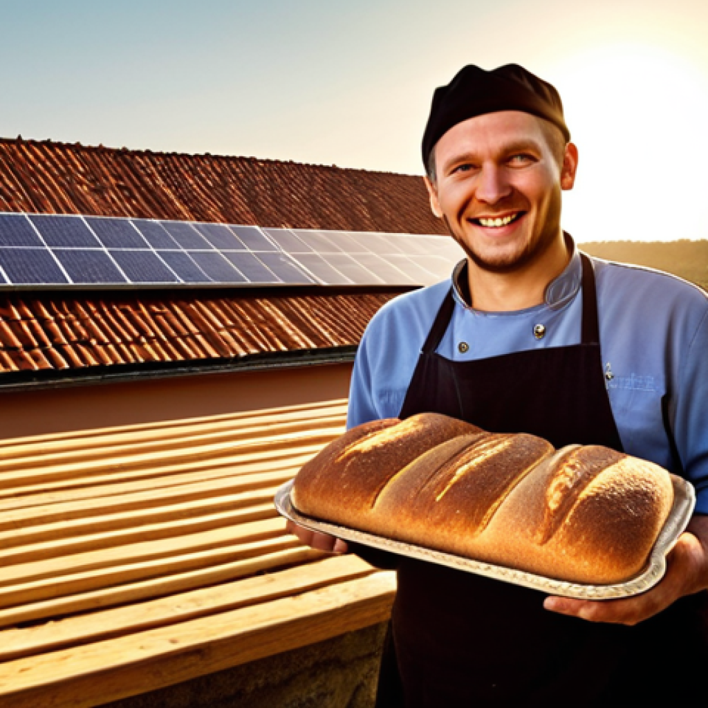 **Prompt:** Solar panels on the roof of a small bakery on the outskirts of Krakow, Poland. Golden sunlight illuminates the panels, showcasing a blend of traditional architecture and modern green technology. In the foreground, a baker smiles, holding a freshly baked loaf of bread. Emphasis on the savings and energy independence of the small business.