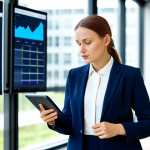 A focused Polish businesswoman, dressed in a professional, modest navy business suit, standing in a bright, modern office. She is looking at a digital screen or tablet that displays data visualizations related to ethical supply chains and sustainable consumption, with a thoughtful and engaged expression. The background features blurred contemporary office furniture and a large window. High-quality professional photography, studio lighting, fully clothed, appropriate attire, safe for work, perfect anatomy, natural proportions, well-formed hands, proper finger count, natural body proportions, professional, family-friendly content.