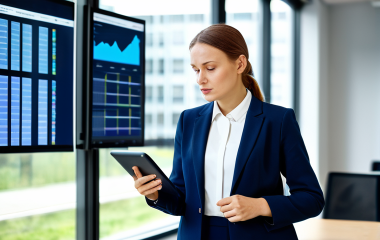 A focused Polish businesswoman, dressed in a professional, modest navy business suit, standing in a bright, modern office. She is looking at a digital screen or tablet that displays data visualizations related to ethical supply chains and sustainable consumption, with a thoughtful and engaged expression. The background features blurred contemporary office furniture and a large window. High-quality professional photography, studio lighting, fully clothed, appropriate attire, safe for work, perfect anatomy, natural proportions, well-formed hands, proper finger count, natural body proportions, professional, family-friendly content.