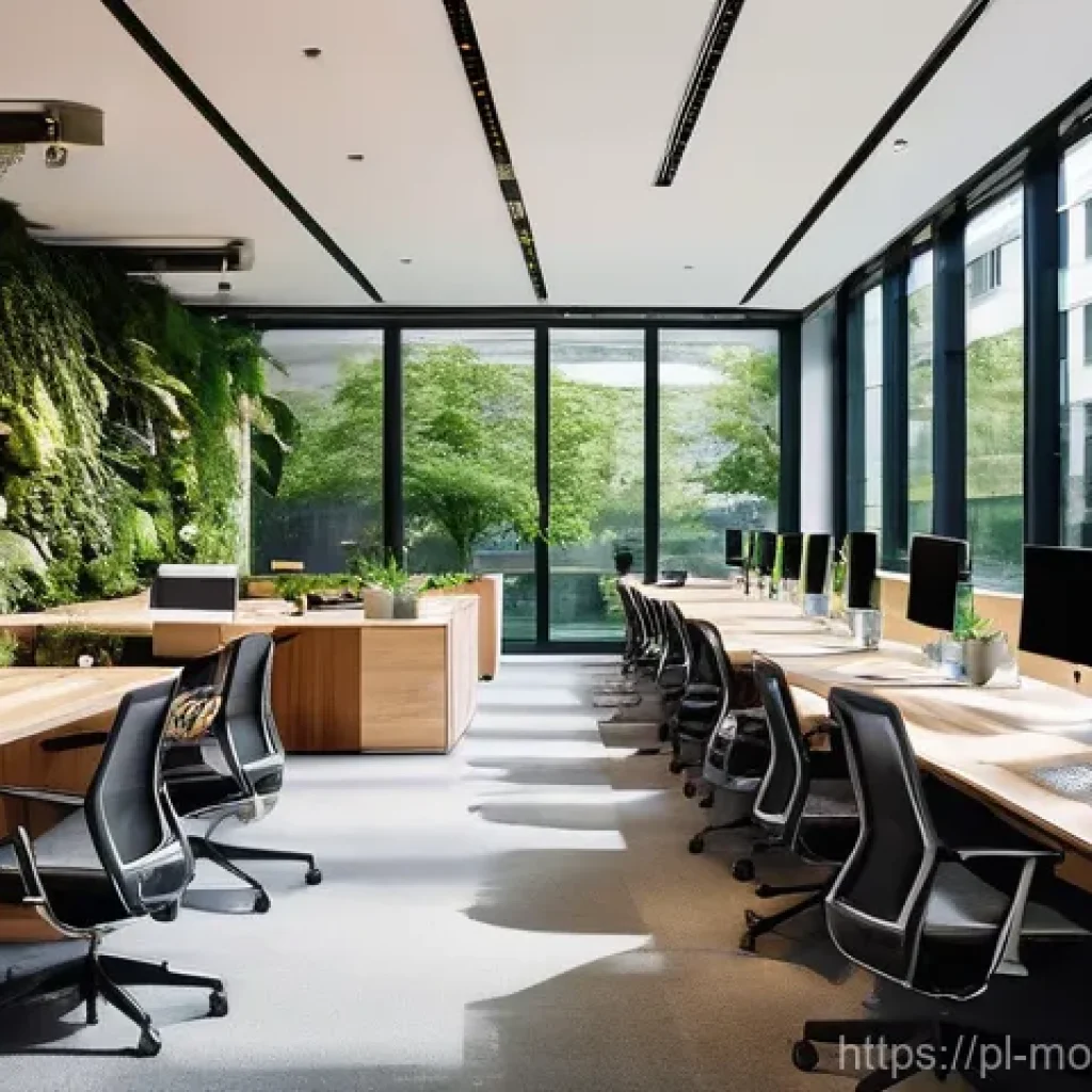지속가능한 비즈니스 모델과 혁신의 연계 - **Prompt:** A bustling, modern office interior with large windows showcasing a vibrant, green urban ...