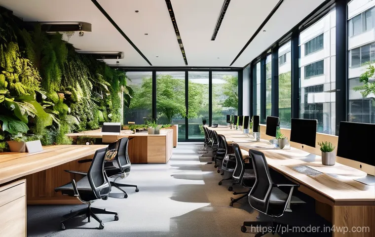 지속가능한 비즈니스 모델과 혁신의 연계 - **Prompt:** A bustling, modern office interior with large windows showcasing a vibrant, green urban ...