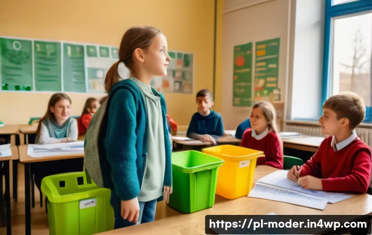 지속가능성 교육의 필요성과 효과 - A vibrant classroom scene in a Polish school focused on ecological education, showing diverse studen...
