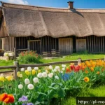 Home 22 지속가능한 여행 업계를 위한 비즈니스 모델 - A charming Polish agritourism farm scene in spring, featuring traditional wooden cottages surrounded...