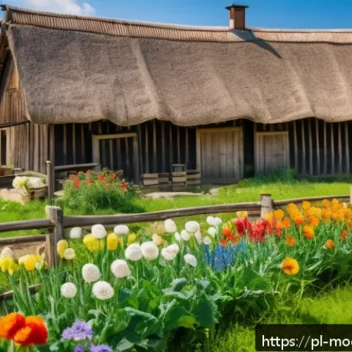 Home 16 지속가능한 여행 업계를 위한 비즈니스 모델 - A charming Polish agritourism farm scene in spring, featuring traditional wooden cottages surrounded...