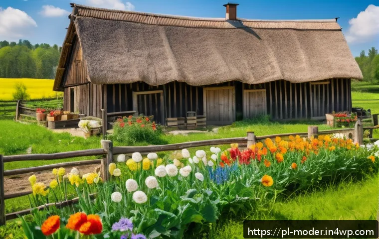 지속가능한 여행 업계를 위한 비즈니스 모델 - A charming Polish agritourism farm scene in spring, featuring traditional wooden cottages surrounded...
