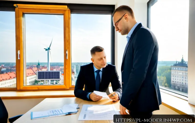 Home 17 지속가능성 관련 법률과 비즈니스 모델 - Photorealistic modern Polish business meeting in a bright Warsaw office, diverse professionals revie...